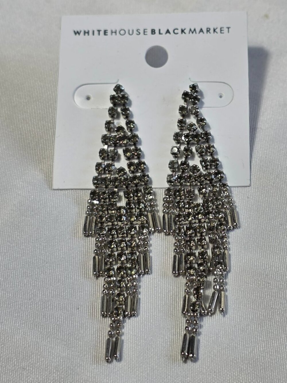 White House Black Market Silver Tone Rhinestone Chandelier Earrings Art Deco